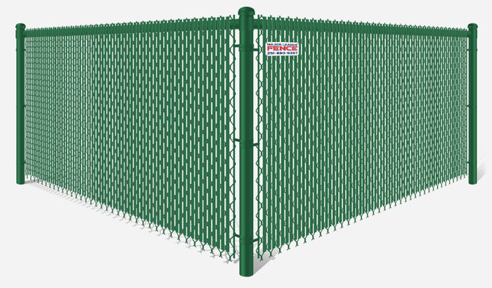 Green chain link fence with green privacy slats in Mobile Alabama